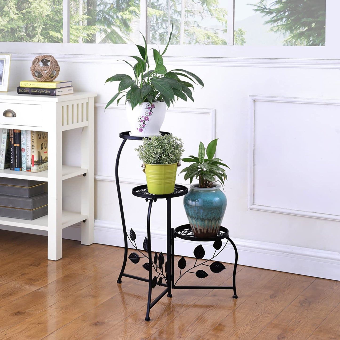 DAZONE 3-Tier Plant Stand for Indoor and Outdoor Use, Black Wrought Iron Metal Plant Shelf Holds 3 Pots, Space-Saving Decor for Corner, Balcony, Bedroom, Garden