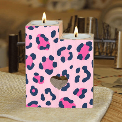 pnyoin Animal Skin Pink Black Candle Holders Gift for Women Wooden Heart Candlestick Personalized Christmas Birthday Graduation Friendship Gifts Home Wedding Dinning Party Decorative