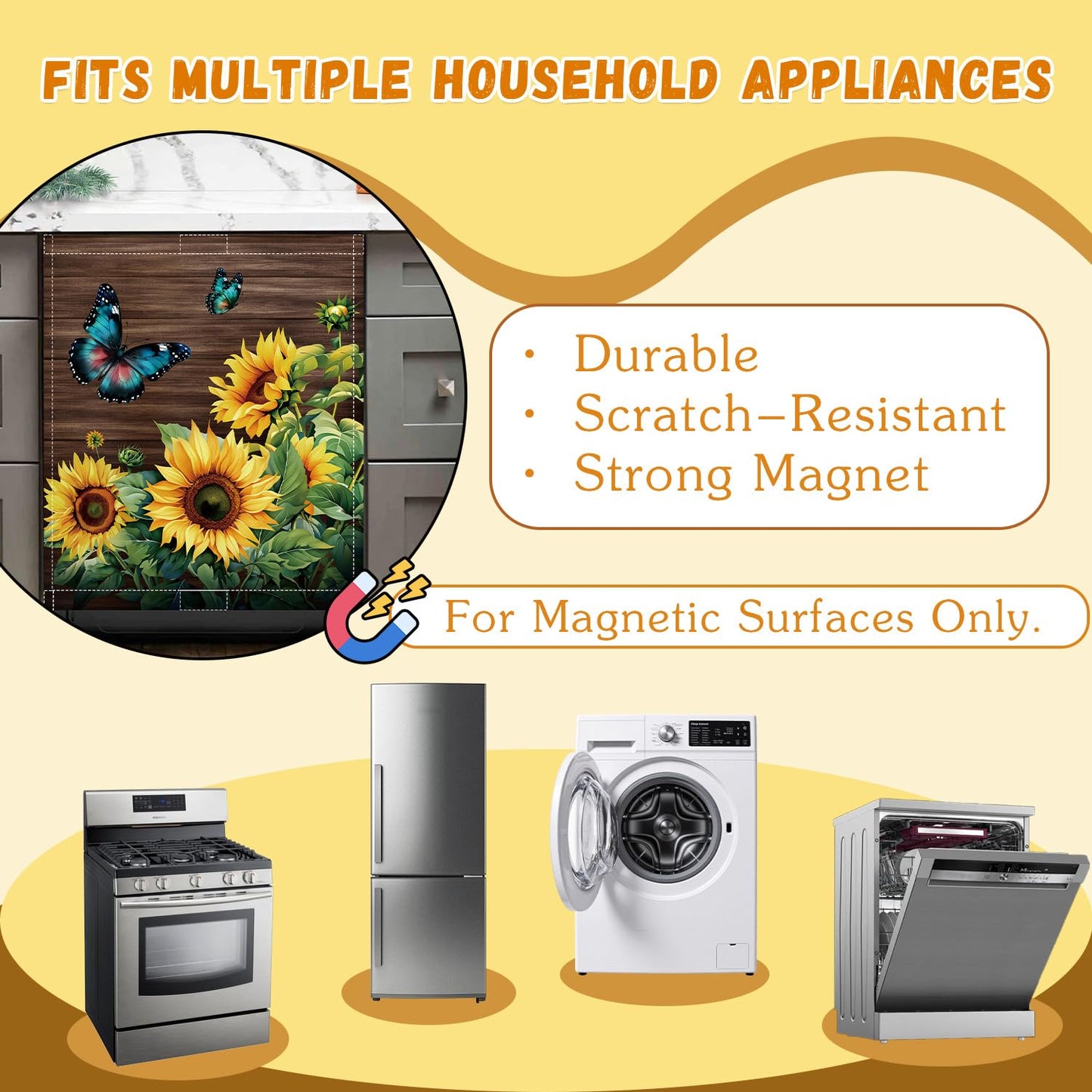 Sunflower Dishwasher Magnet Cover 23x26in Blue Butterfly Dishwasher Cover for Washers Fridge Panel, Floral Magnetic Covers for Kitchen, Machine Door Covers Decor, Spring Summer Kitchen Decor