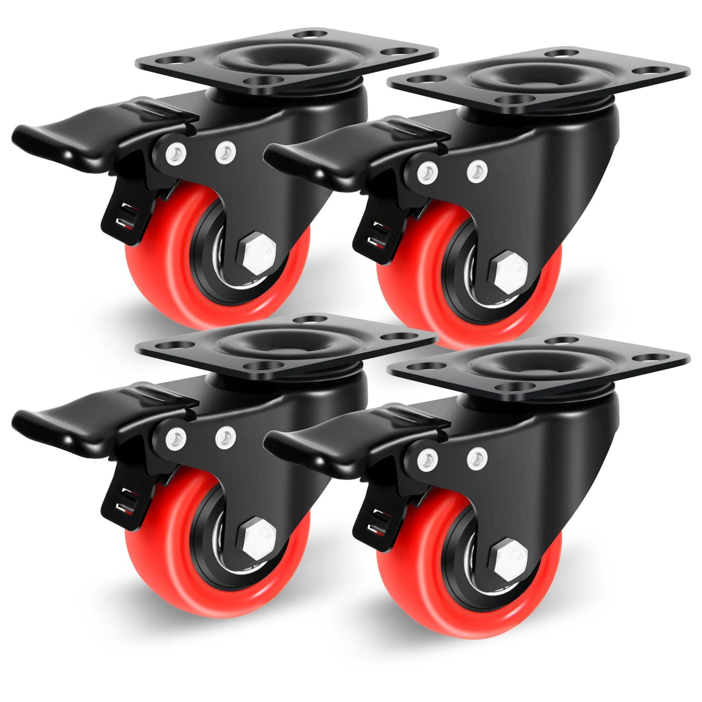 Nefish 2 Inch Casters Set of 4, Heavy Duty Top Plate Caster Wheels with Brake 600 Lbs, Dual Locking Furniture Castors, 360 Degree Swivel Casters, No Noise Polyurethane Wheels for Cabinet, Furniture