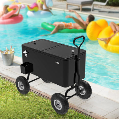 VINGLI 80 Quart Wagon Rolling Cooler Ice Chest, w/Long Handle and 10" Wheels, Portable Beach Patio Party Bar Cold Drink Beverage, Outdoor Park Cart on Wheels (Black-Wagon)