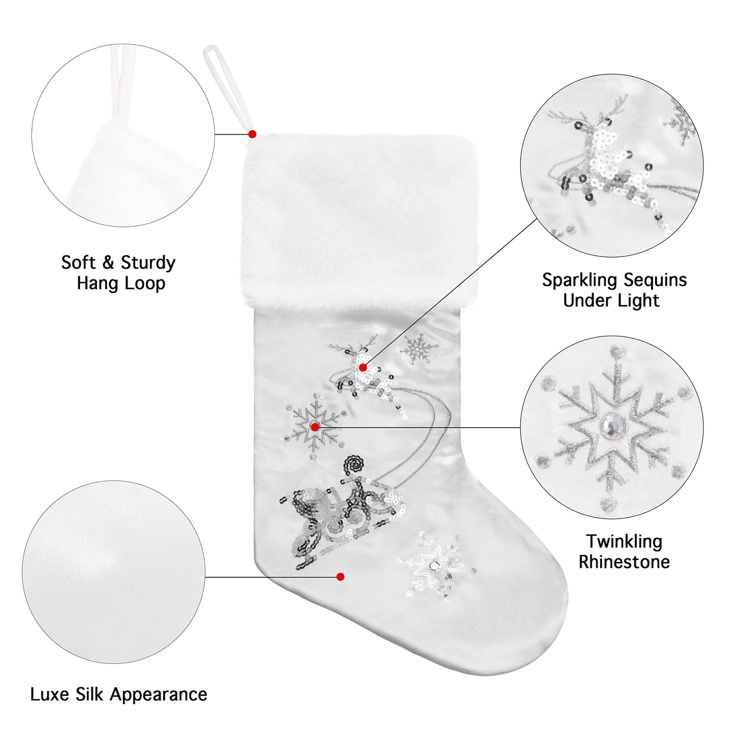 GEX Christmas Stockings 6 Pack for Family 20" Large Silver Gray Satin with Sequins Faux Fur Rhinestones Embroidered Classic Luxury Fireplace Tree Decorations Ornament for Xmas Season (Set of 6)