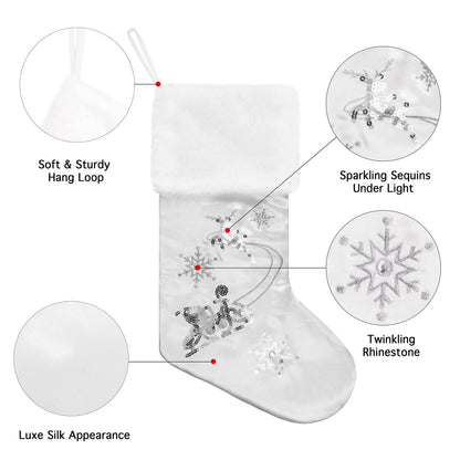 GEX Christmas Stockings 6 Pack for Family 20" Large Silver Gray Satin with Sequins Faux Fur Rhinestones Embroidered Classic Luxury Fireplace Tree Decorations Ornament for Xmas Season (Set of 6)