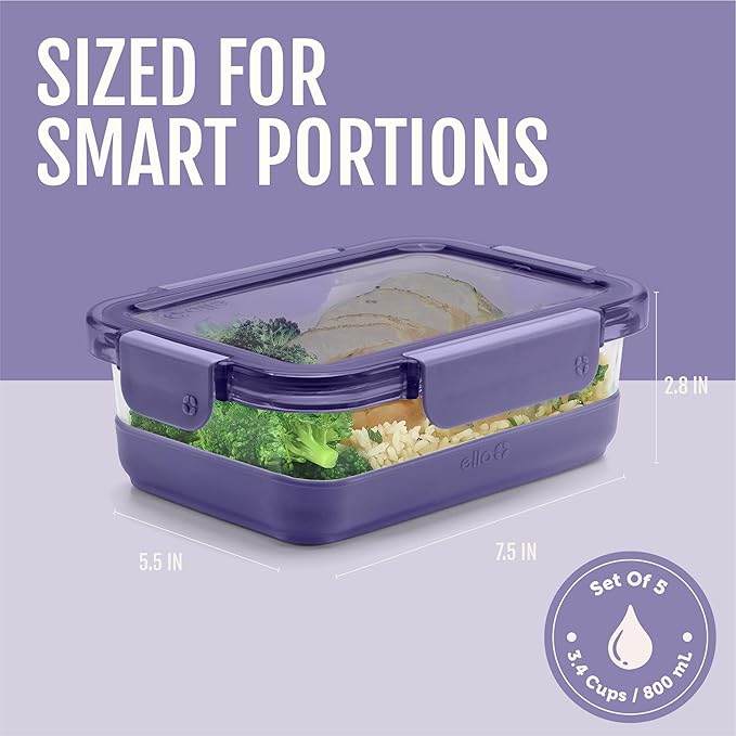 Ello Duraglass Refresh 3.4 Cup Meal Prep Sets 10Pc, 5 Pack Set- Glass Food