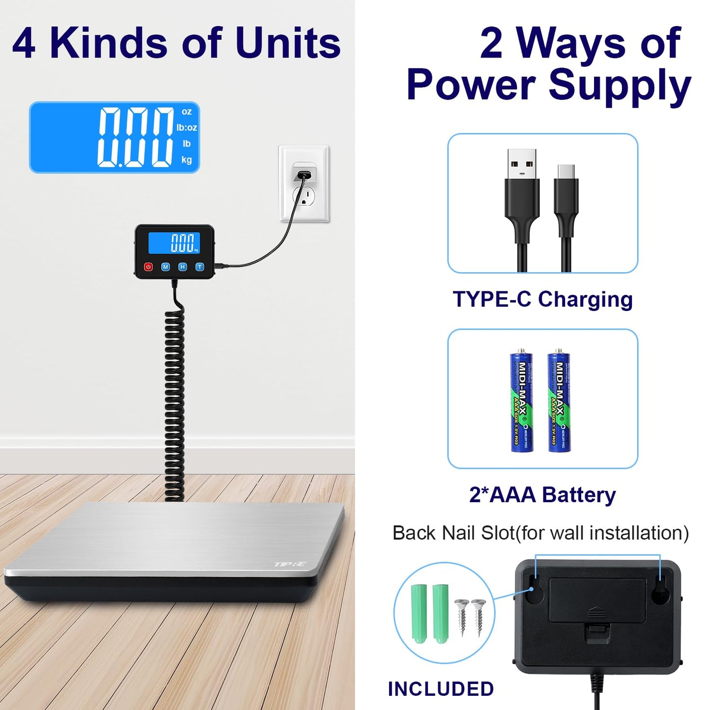TIPRE Digital Shipping Postal Scale 0.5 oz High Accuracy！440lb Commercial Weight Scale for Package, Small Business, Mail, Warehouse, Home, Battery & Charging Cable Included