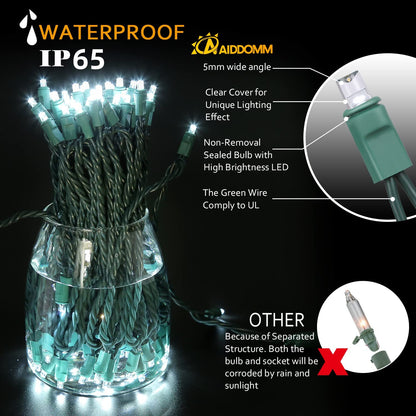 AIDDOMM 50 Counts Cool White LED Christmas Lights – 25ft 5mm White Christmas Lights Outdoor Commercial Grade Waterproof, Indoor Christmas Tree Decorations, Green Wire Mini String Lights, UL, IP:65