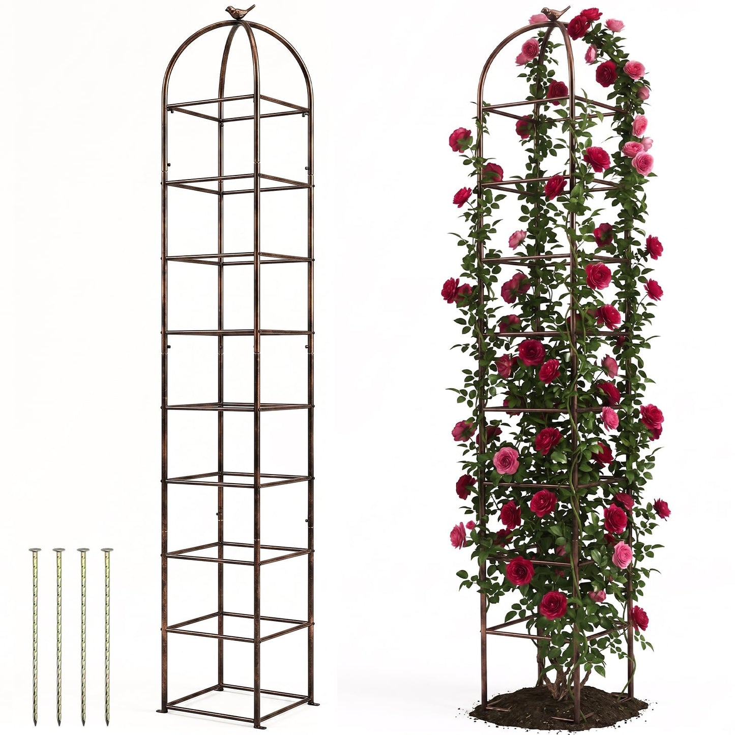 Heavy Duty 8.4 FT Garden Obelisk Trellis for Climbing Plants Outdoor, Rust-Resistant Large Metal Plant Support Tower with Bird Topper & Ground Stakes, Yard Art Decor for Roses Clematis Vines (Bronze)