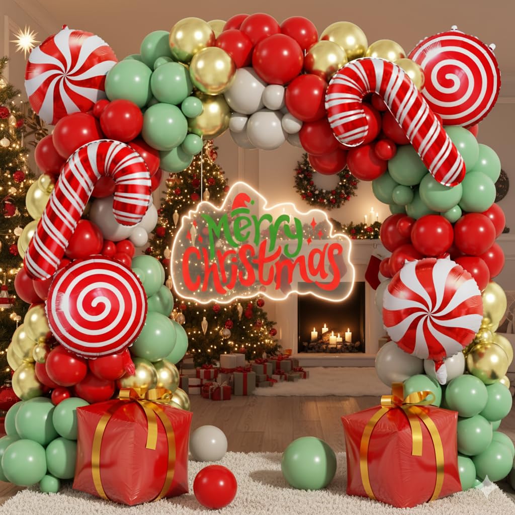PTGOLUO 170Pcs Christmas Balloon Arch Garland Kit with Xmas Red Sage Green Gold White Sand Latex Balloons Gift Box Candy Cane Foil Balloons Arch Kit for Christmas New Year Party Party Decorations