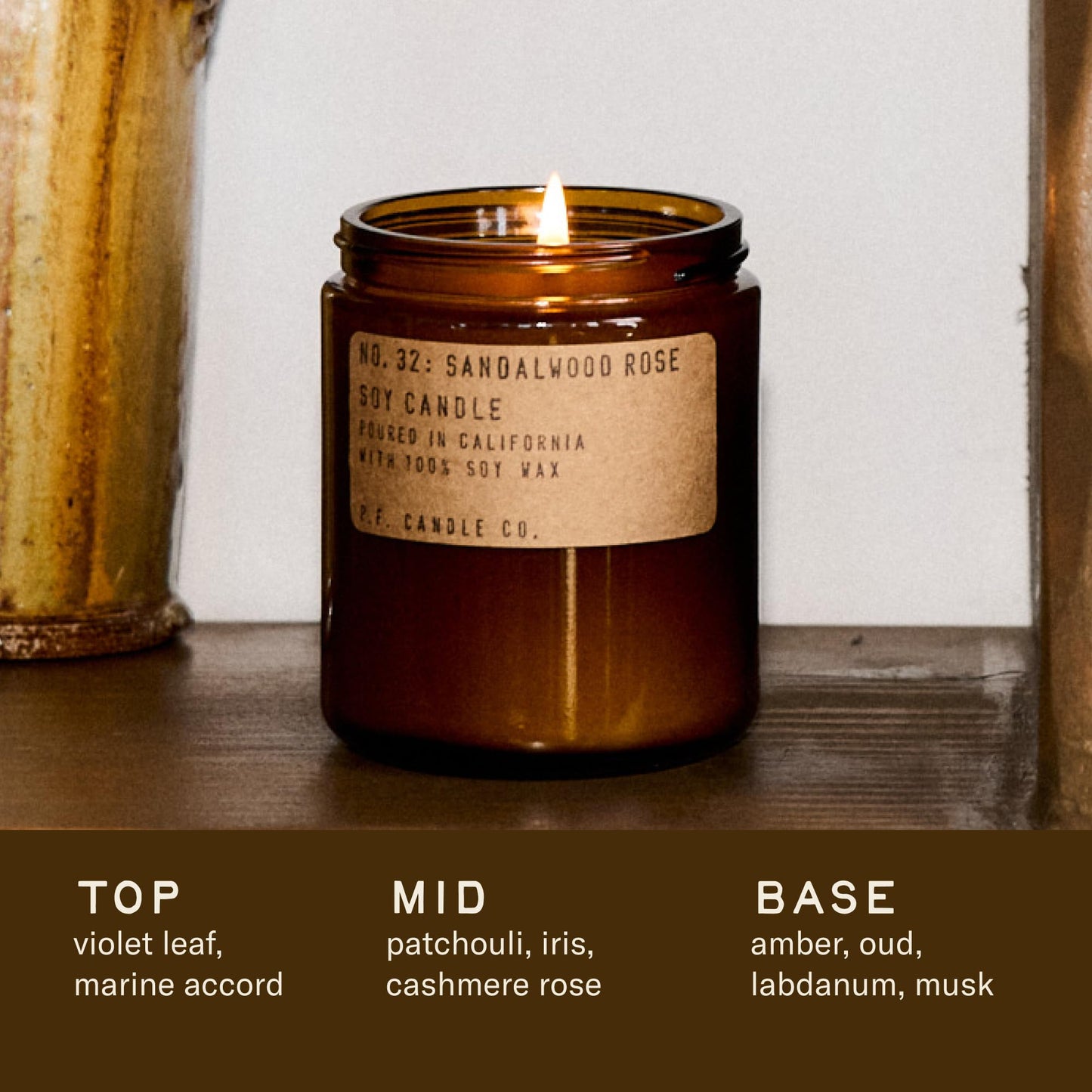 P.F. Candle Co. Sandalwood Rose Classic Standard Scented Soy Wax Candle (7.2 oz) 40-50 Hour Burn Time, Amber Glass Jar, Made in The U.S.A.