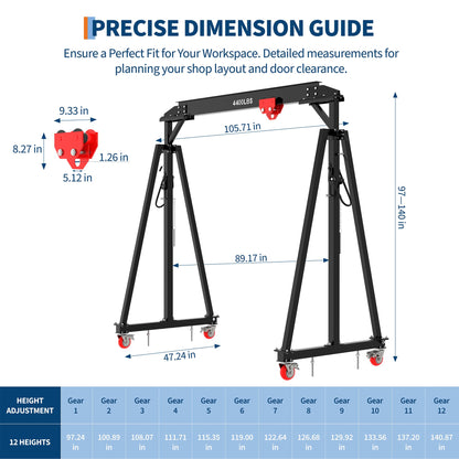 2 Ton Gantry Crane with Manual Trolley, Hook and Sling strap, 4400 LBS Steel I-Beam Hoist with 12 Adjustable Height Positions (97"–141"), Heavy Duty Shop Crane for Garage, Warehouse, Auto Repair & Con