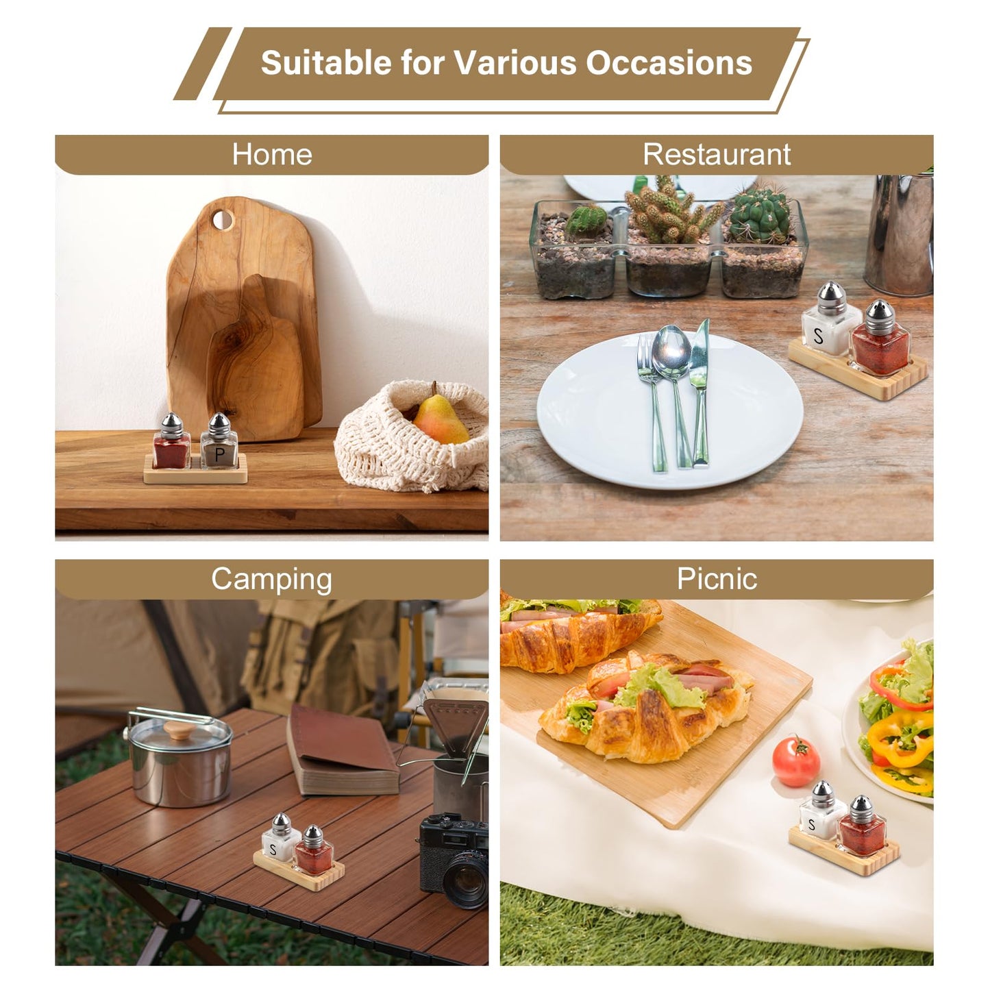 4 Pcs Mini Salt and Pepper Shakers Set with 2 Wood Organizer Tray Sticker 0.5 oz Small Glass Salt and Pepper Shakers Bulk Tiny Individual Salt and Pepper Shakers Cube Spice Jars for Travel Party