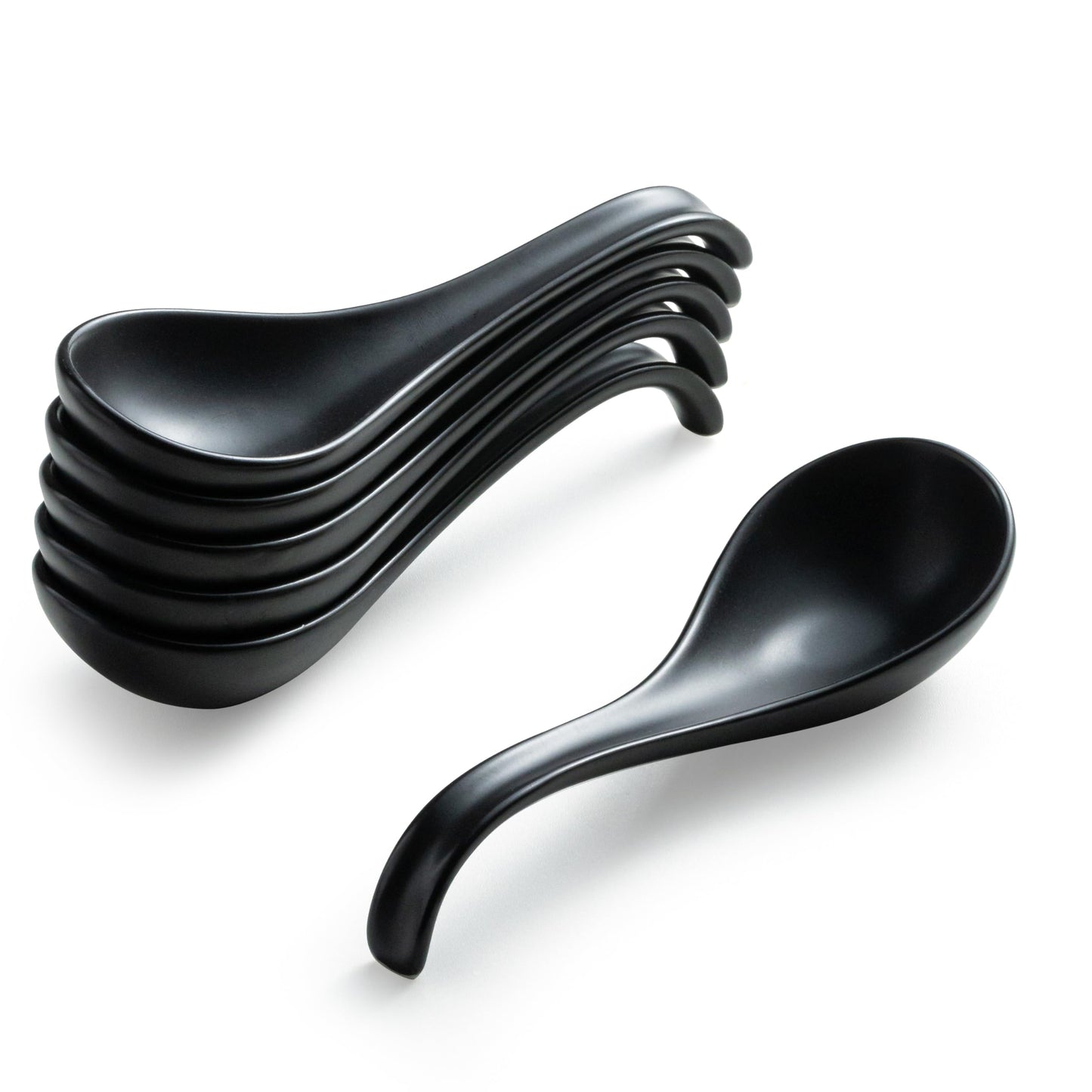 Gomakren Asian Soup Spoons, 6.5 Inch Ceramic Chinese Soup Spoons for Cereal, Ramen, Pho, Noodles, Stews, Father's Day Black Kitchen Spoons with Long Handle and Deep Oval Design - Set of 6