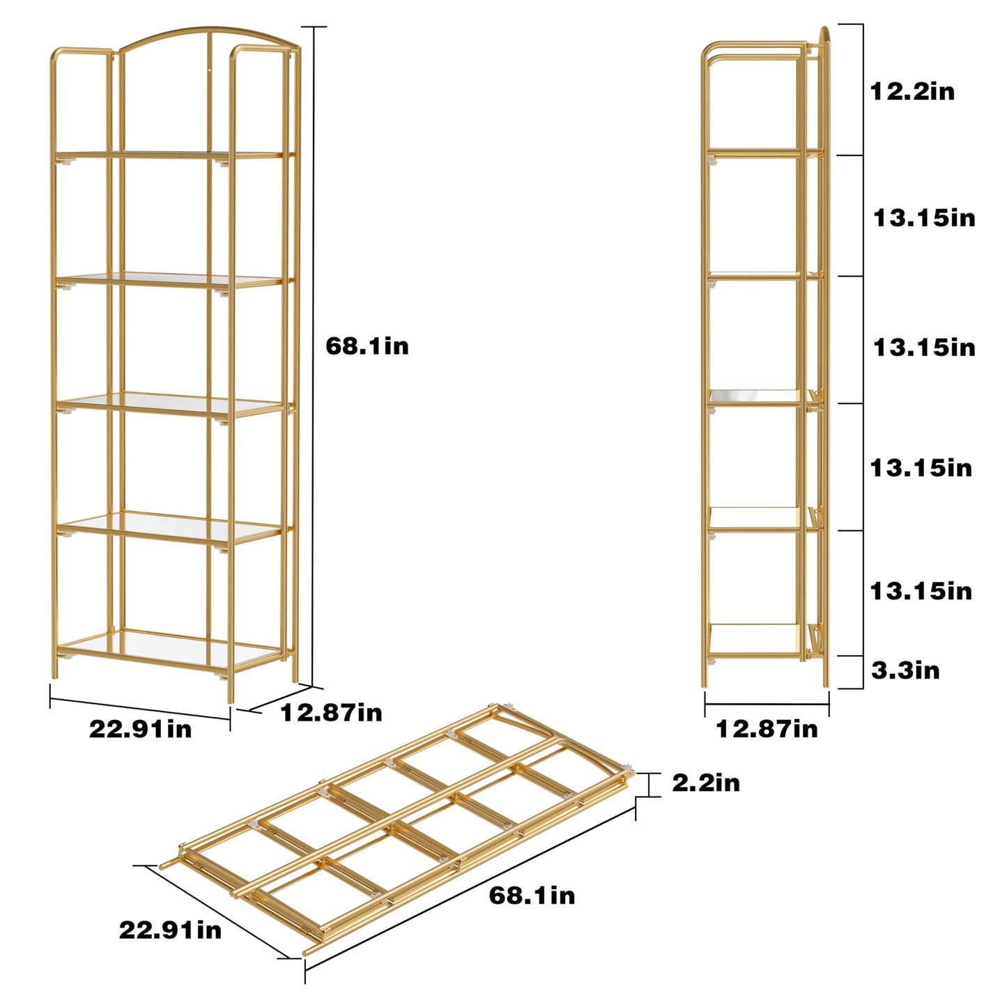 Crofy 5-Tier Foldable Bookshelf, Gold Frame & Transparent Shelves