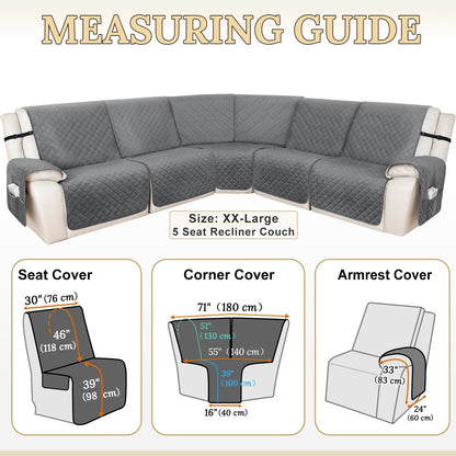 HDCAXKJ 100% Waterproof Recliner Sectional Couch Covers XX-Large L Shaped Corner Reclining Sofa Cover Washable Thick Non Slip Sectional Slipcover with Pockets (XXL 5 Seat Recliner Couch, Grey)