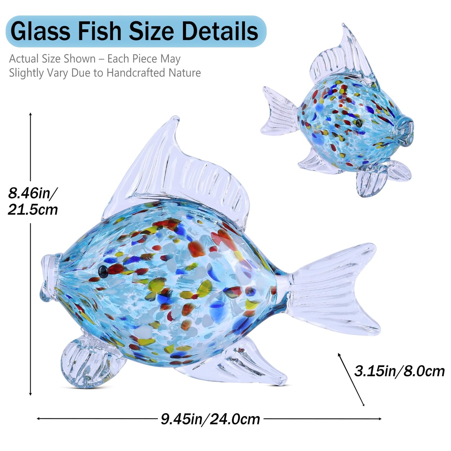 LINYTHER Large Glass Fish Figurine for Home Decor, Hand Blown Art Glass Ocean Animal Statue, Decorative Coastal and Beach Themed Sculpture for Table, Shelf, Bathroom, Living Room or Office
