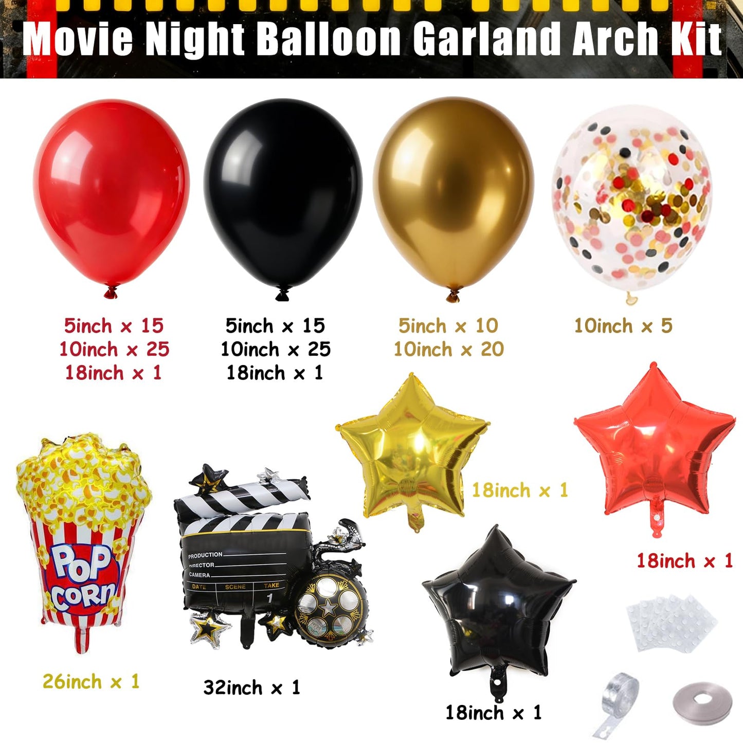 Movie Night Balloon Garland Arch Kit, Red Black Gold Confetti Balloons with Camera Star Popcorn Foil Balloons for Birthday Anniversaries Movie Theme Film Party Decorations