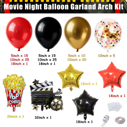 Movie Night Balloon Garland Arch Kit, Red Black Gold Confetti Balloons with Camera Star Popcorn Foil Balloons for Birthday Anniversaries Movie Theme Film Party Decorations
