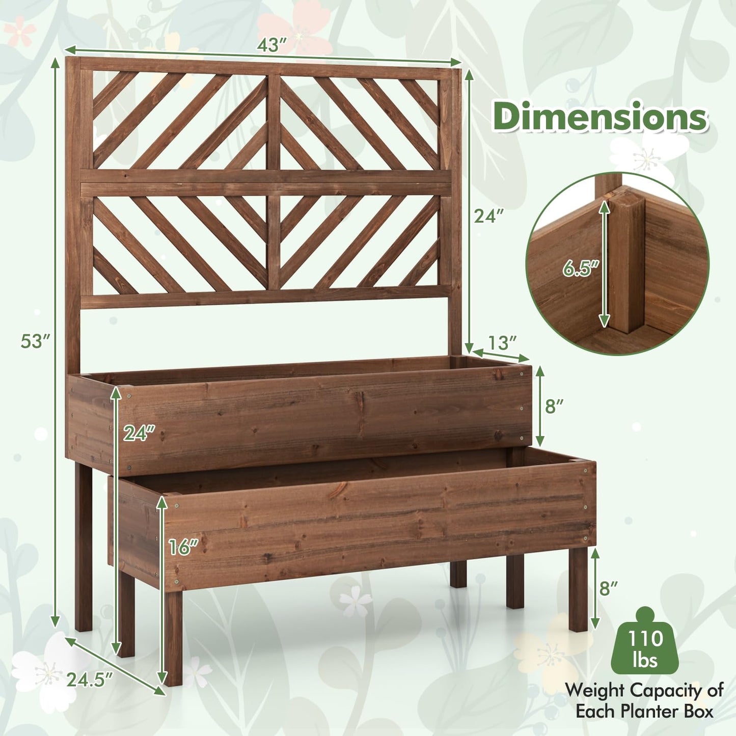 Toolsempire Raised Garden Bed with Trellis & 2 Planter Boxes, 2-Tier Outdoor Wooden Elevated Planter Box with Legs & Drainage Holes, Gardening Planters for Flowers, Herbs, Vegetables & Fruits(Brown)