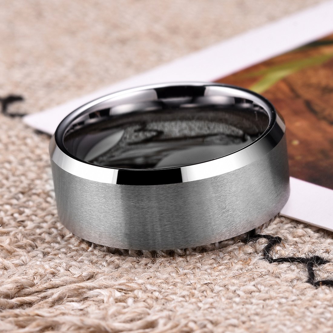King Will 10mm Silver Men's Wedding Ring - Brushed Matte Finish, Beveled Polished Edge, Comfort Fit Size 15