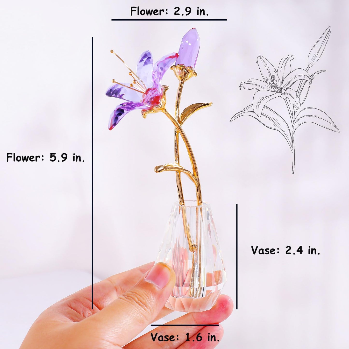 YWHL Purple Lily Flower Gifts for Women, Handmade Crystal Lily Flower Figurine Collectible with Vase, Home Wedding Party Decor