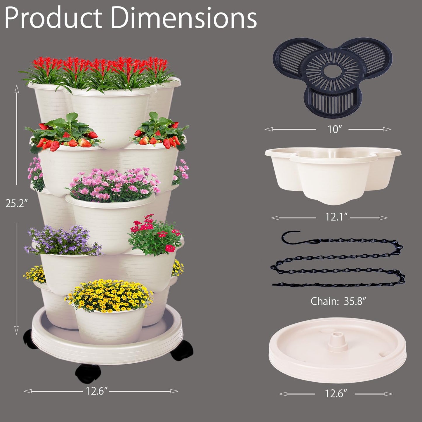 Pinky Family 5-Tier Vertical Garden Tower Stackable Planter for Strawberries, Flowers, Vegetables & Herbs Beige