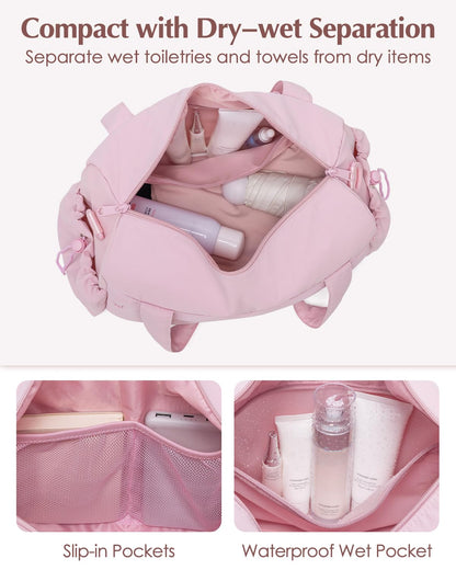 Small Gym Bag, Mini Gym Bag for Women with Yoga Mat Holder and Wet Compartment, Cute Mini Puffer Duffle Bag with Water Bottle Pocket for Workout Yoga Dance, Puffer Pink