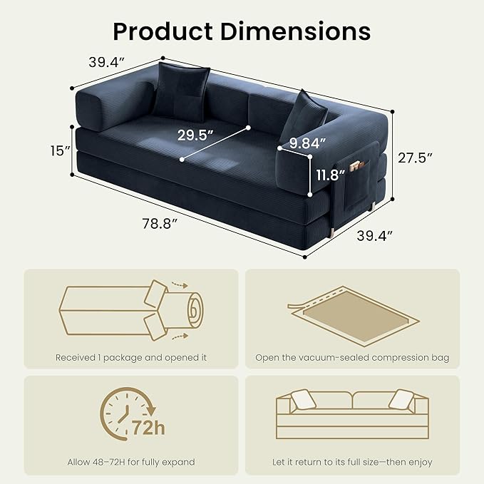 78.8" Convertible Sofa Bed, Corduroy Futon Couch