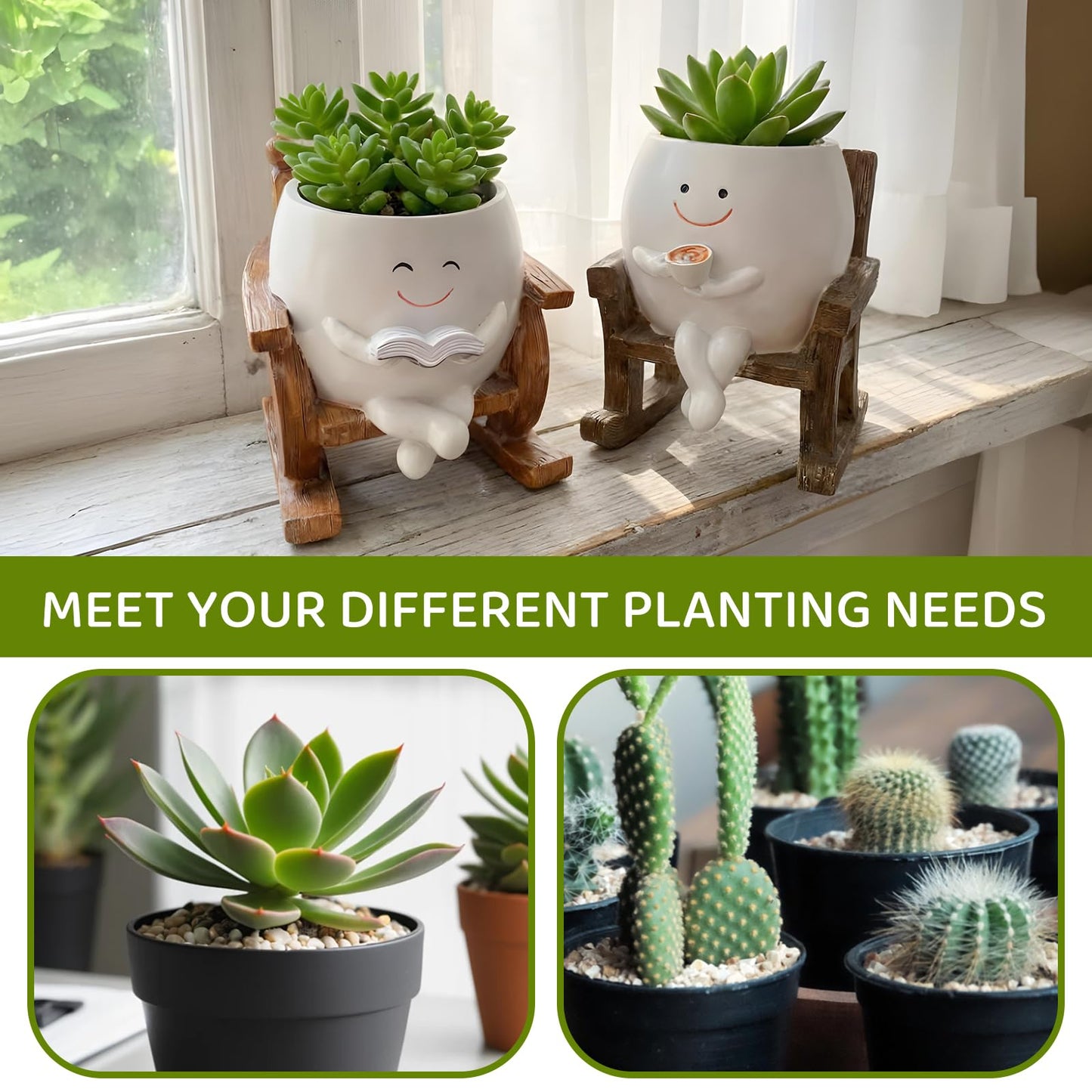 Vorruil 2 PCS Rocking Smily Face Planter Pot, Cute Plant Pots for Indoor Outdoor Plants with Drainage Hole, Unique Flower Succulent Pots Gifts for Father Mother Birthday