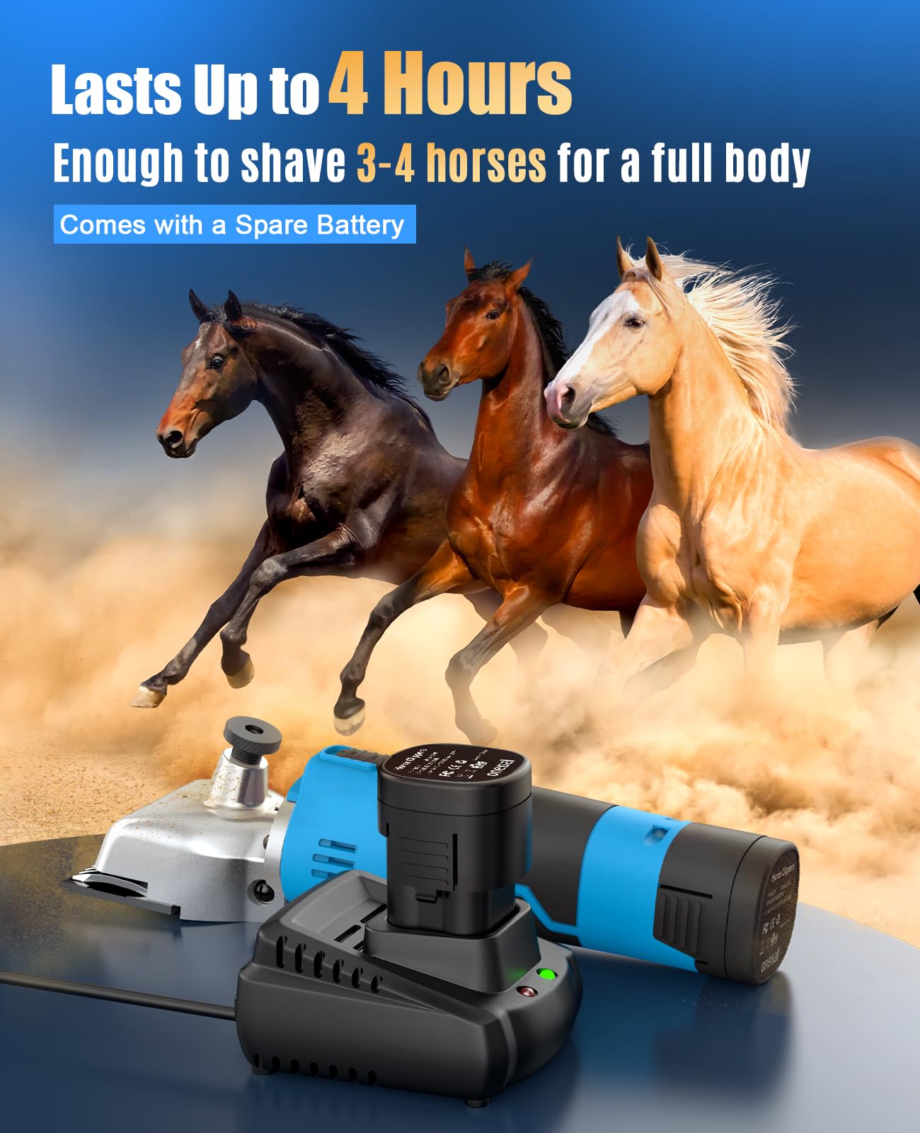 oneisall Cordless Horse Clippers with 2 Batteries, Heavy Duty Horse Grooming Kit for Thick Hair, Detachable Stainless Steel Blade, Professional Pony Grooming Clippers
