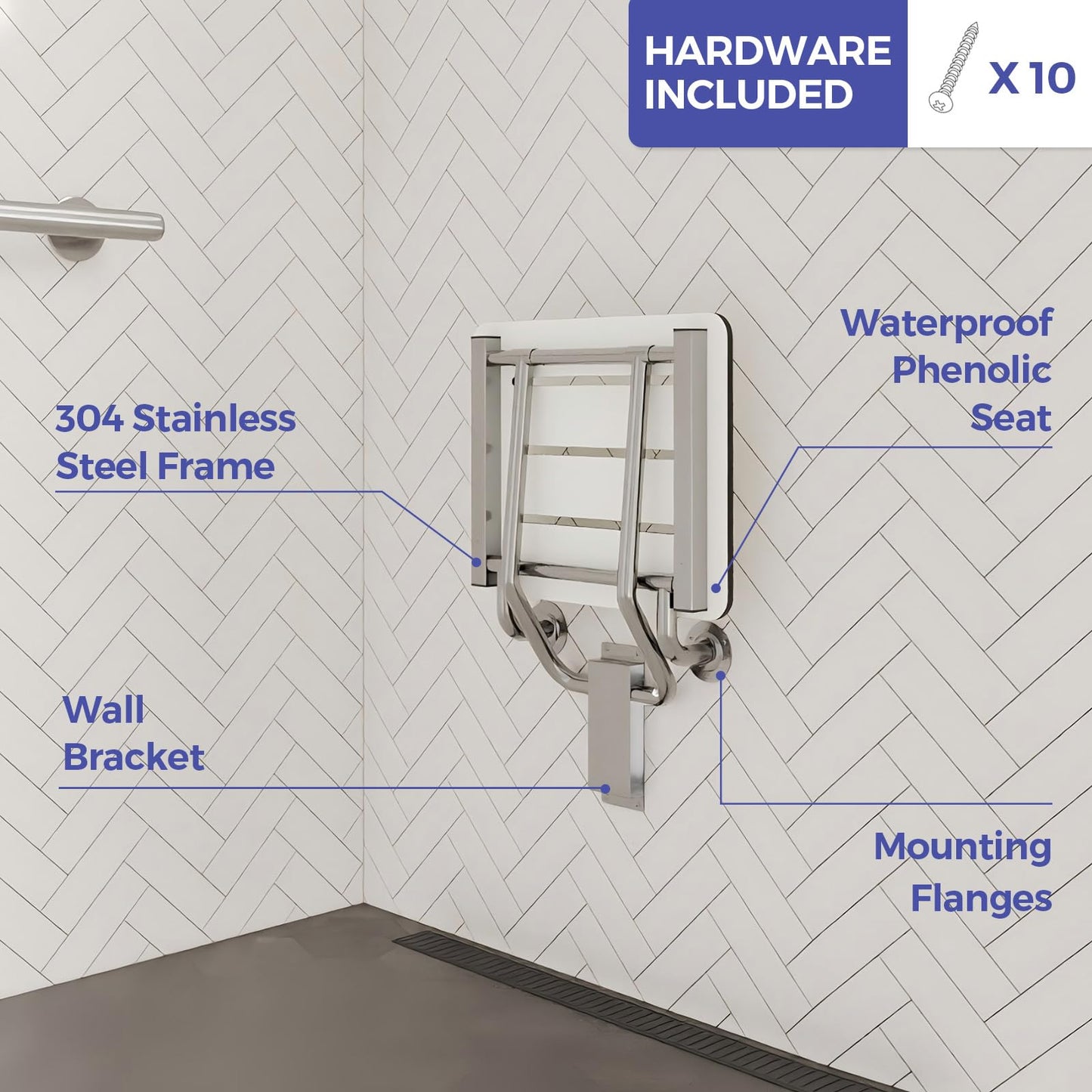 Stardrix 18" x 16" ADA Compliant Phenolic White Folding Shower Seat Bench, Wall Mount Foldable Bathroom Shower Chair with Stainless Steel Support, 400 lbs Capacity