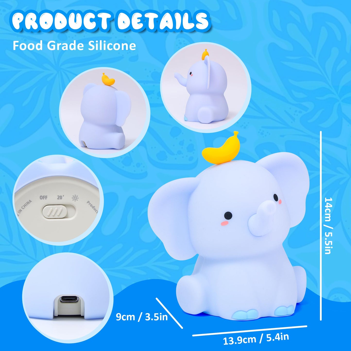Ammonite Blue Elephant Night Light, Soft Silicone Elephant Nursery Lamp with 2 Dimming Levels and 20-Minute Timer, Touch Control Nightlight for Bedroom Decor, Christmas Birthday Gift