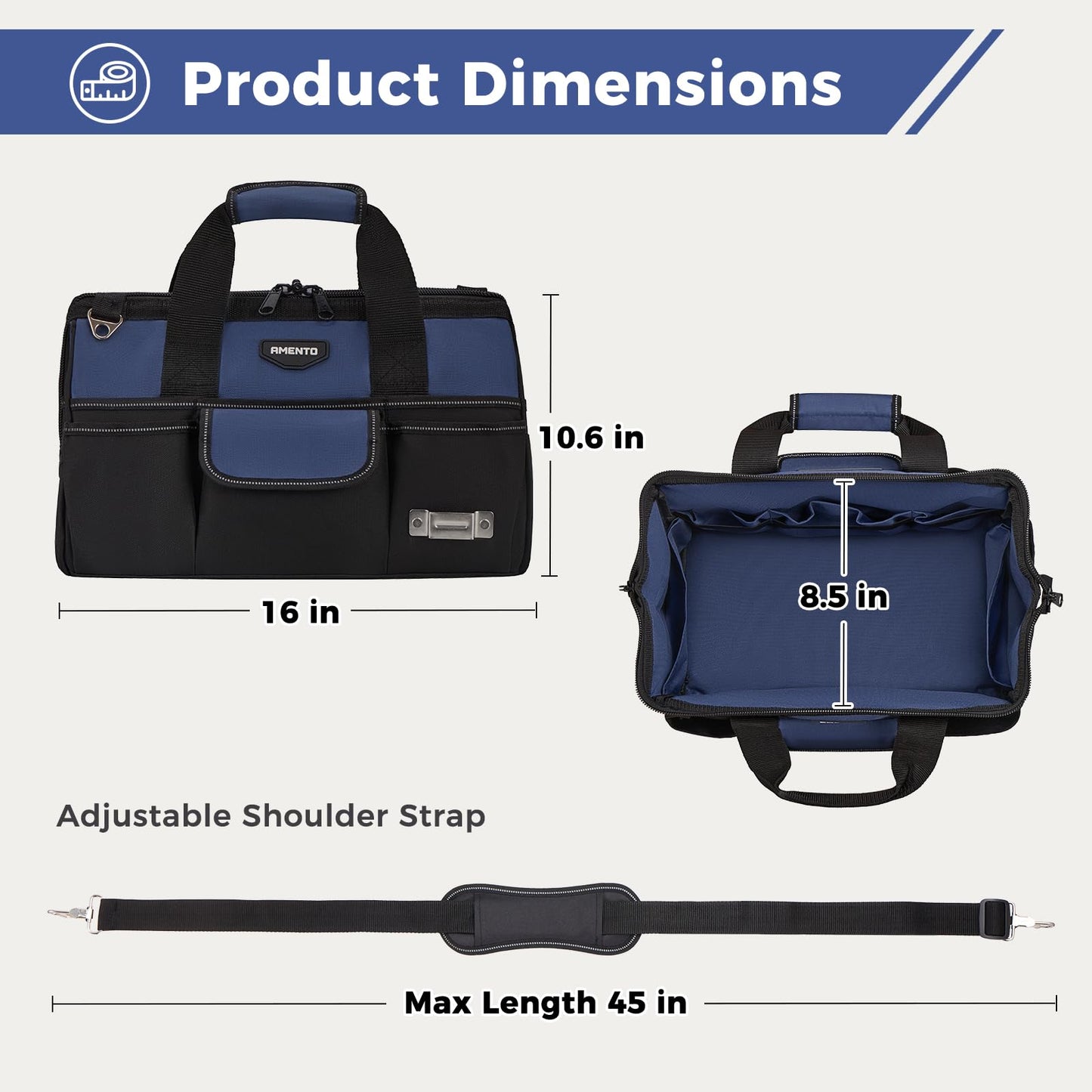 Amento 16-Inch Heavy Duty Tool Bag, 22 Pockets Empty Tool Box Organizer Storage, Soft Tote Toolbox Organization Portable Handle Carrying Work Toolbag, Father Day Gifts Men Electrician Mechanic, Blue
