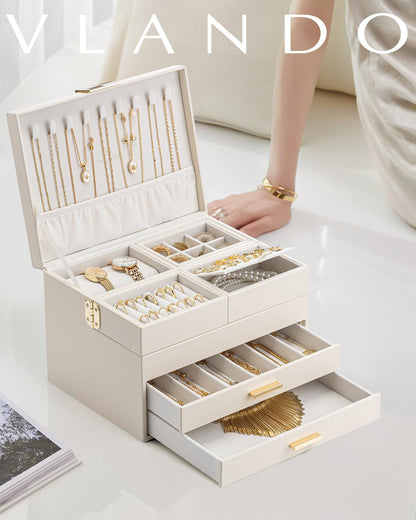 Vlando 4 Layers Jewelry Box - Women Jewelry Box with Retractable Tray - Jewelry Organizer with Drawer for Necklaces, Rings, Bracelets, Earrings, Valentines Gift for Mom Girls - Cloud White