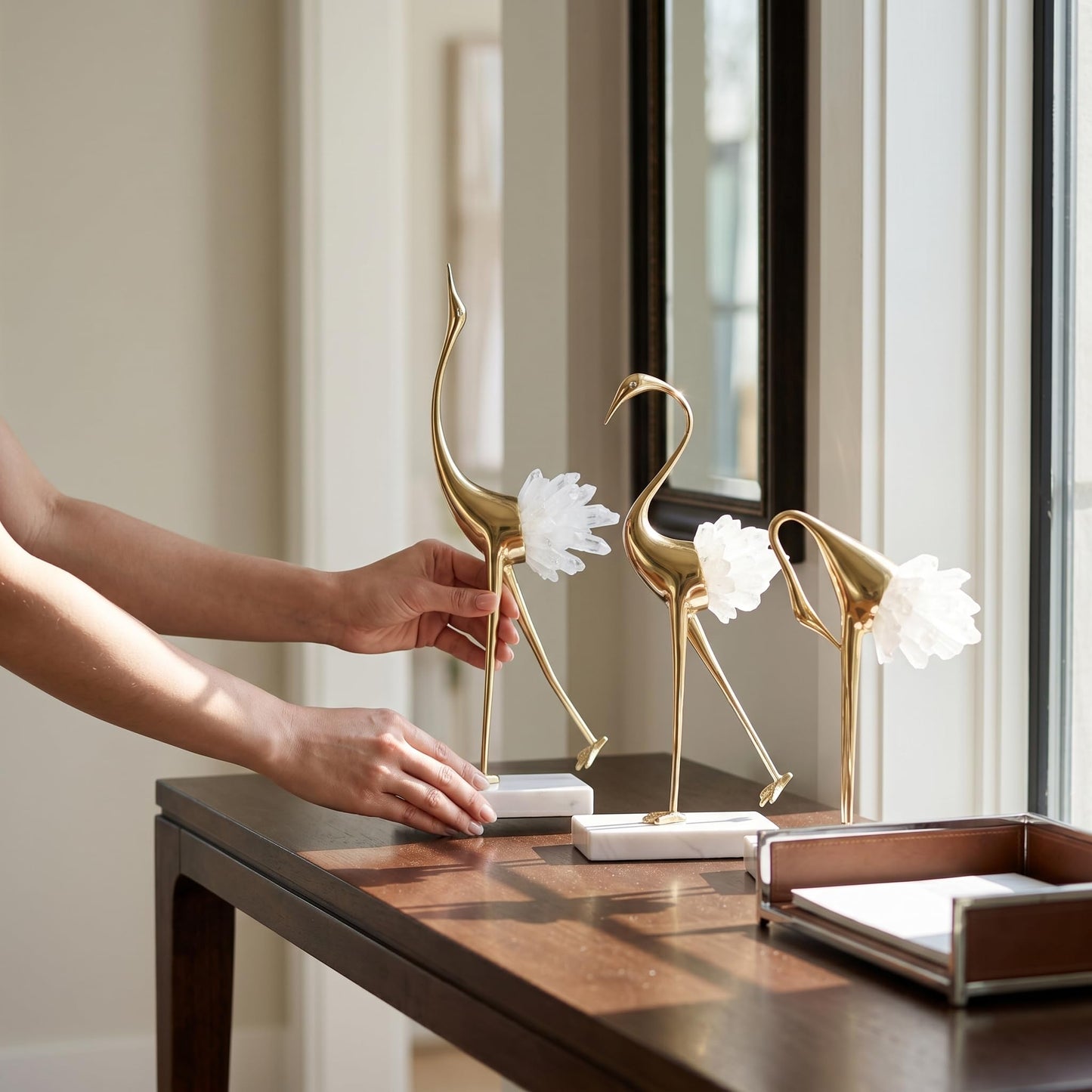 suruim Elegant Gold Crane Bird Statues with Crystal Tail Accents, Decorative Brass Figurines for Home Decor (White A)