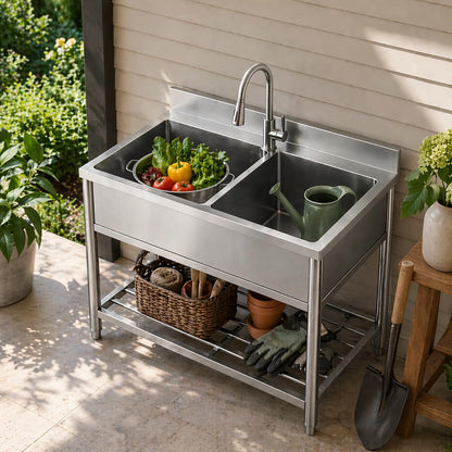 42" x 22" Freestanding Stainless Steel Utility Sink with Pull Down Faucet and Workbench Top, Extra Wide Basin for Laundry Room, Garage, or Workshop