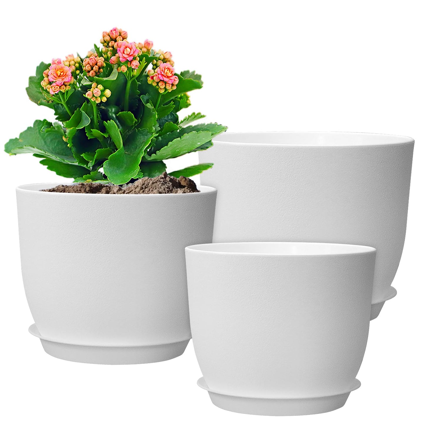 WSMKSZ 12/10/9 inch Large Plant Pots, 3 Pack Modern Decorative Plastic Planters with Drainage Holes and Saucers, Flower Pots for Indoor Outdoor Plants, White