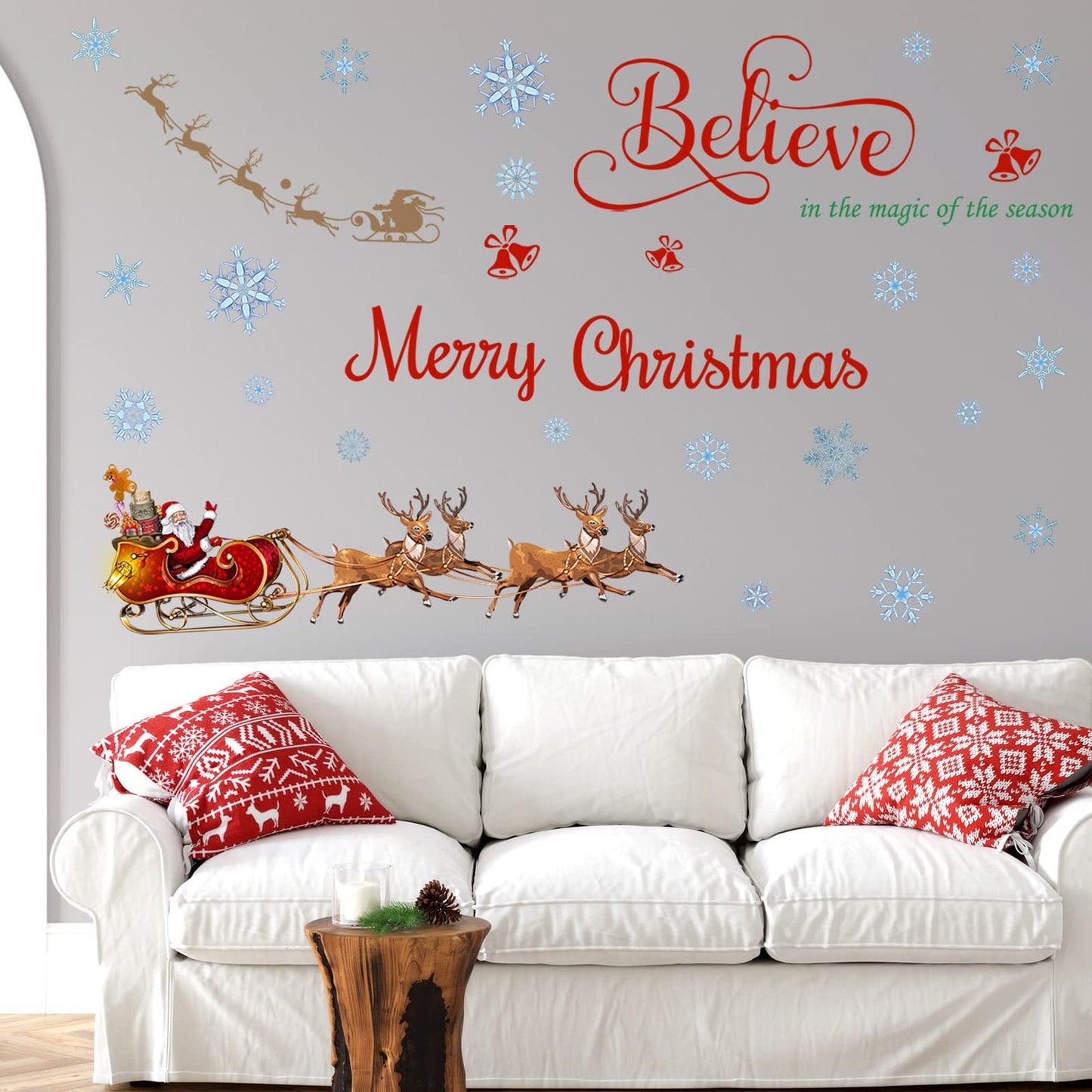 Spiareal Christmas Window Wall Decals Santa Sleigh and Reindeer Xmas Wall Stickers Merry Christmas Quote Stickers Santa Claus Snowflake Window Decal for Home Shop Xmas Party Decorations