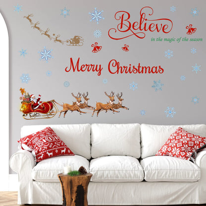 Spiareal Christmas Window Wall Decals Santa Sleigh and Reindeer Xmas Wall Stickers Merry Christmas Quote Stickers Santa Claus Snowflake Window Decal for Home Shop Xmas Party Decorations