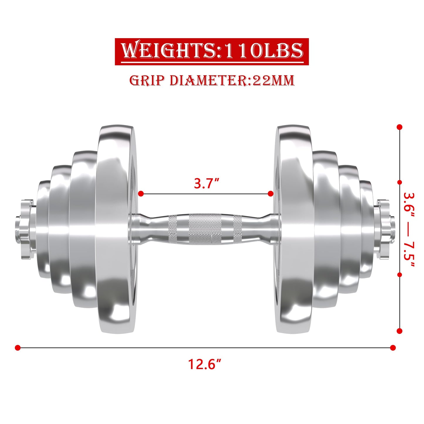 VIVITORY Fitness Dumbbells Set, Adjustable Weight Sets up to 11/22/44/66/110 lbs, with Metal Connecting Rod Used As Barbell, Chromed Weights, Hardcover Gift Box, Home Gym Work Out Training Equipment