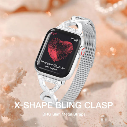 Slim Milanese Loop Compatible with Apple Watch Straps 38mm 40mm 41mm 42mm 44mm 45mm 46mm Series 11 10 9 8 7 6 5 4 SE 3 2 1 Womens,Thin Magnetic Metal band with X-Shape Diamond Clasp for iWatch Straps