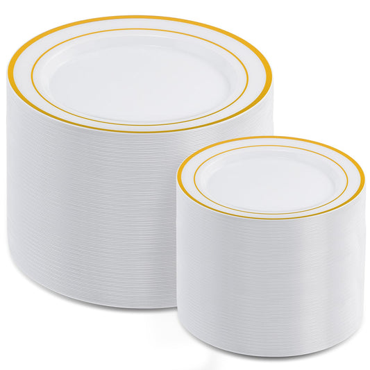 AOZITA 200 Pcs Gold Plastic Plates for Party, Heavy Duty Disposable Plastic Plates for Party, Holiday, Wedding, Thanksgiving and Birthday