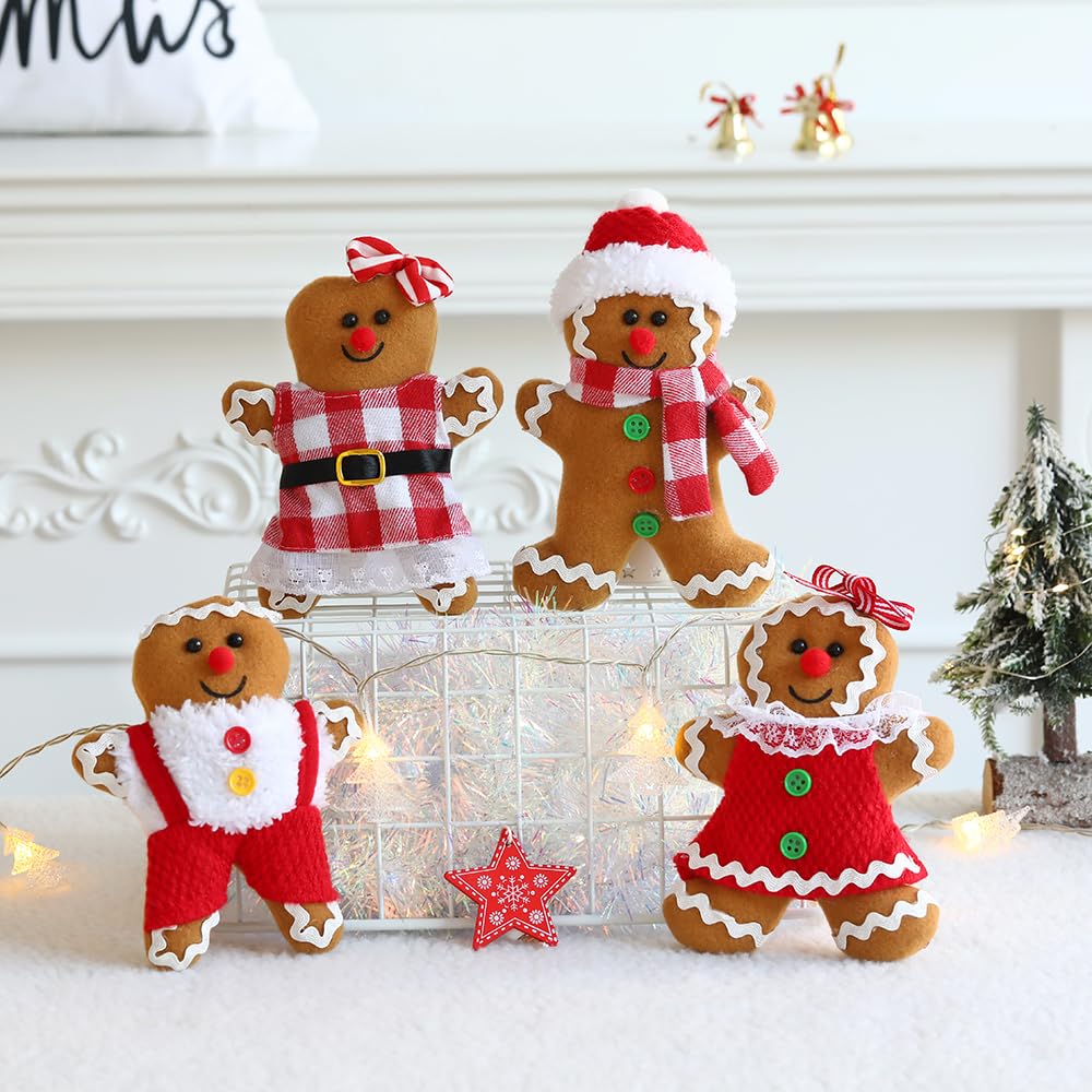 4Pcs Christmas Decorations Indoor, 5.7 Inch Gingerbread Plush Ornaments, Stuffed Gingerbread Man Christmas Decor for Home Xmas Season