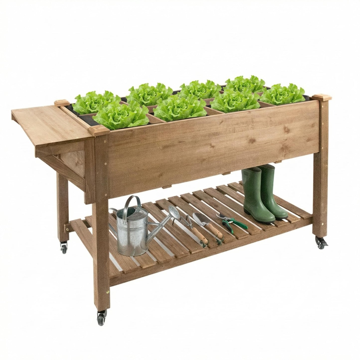 33"H Raised Garden Bed with Wheels, Ergonomic Elevated Wood Planter Box with Shelves and Root Drainage, Upgraded Metal W-Shaped Sturdy, Ideal for Vegetable Herb Flower, Backyard Balcony Patio