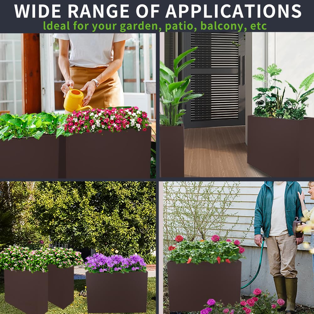 Megawodar Metal Tall Long Planter Box Large Rectangular Planter Flower Pot with Drainage Holes for Indoor Outdoor Deck Porch Garden Home Patio Front Door (Espresso, M)