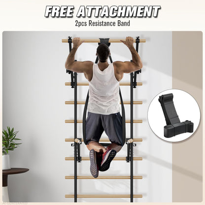 Swedish Ladder Wall Gym, Stall Bar Home Gym with Adjustable Pull-Up Bar, Dip Bar Attachments & 2pcs Resistance Band, 9 Strategic Rods for Core Strengthening and Stretching Balanced for Body Exercise