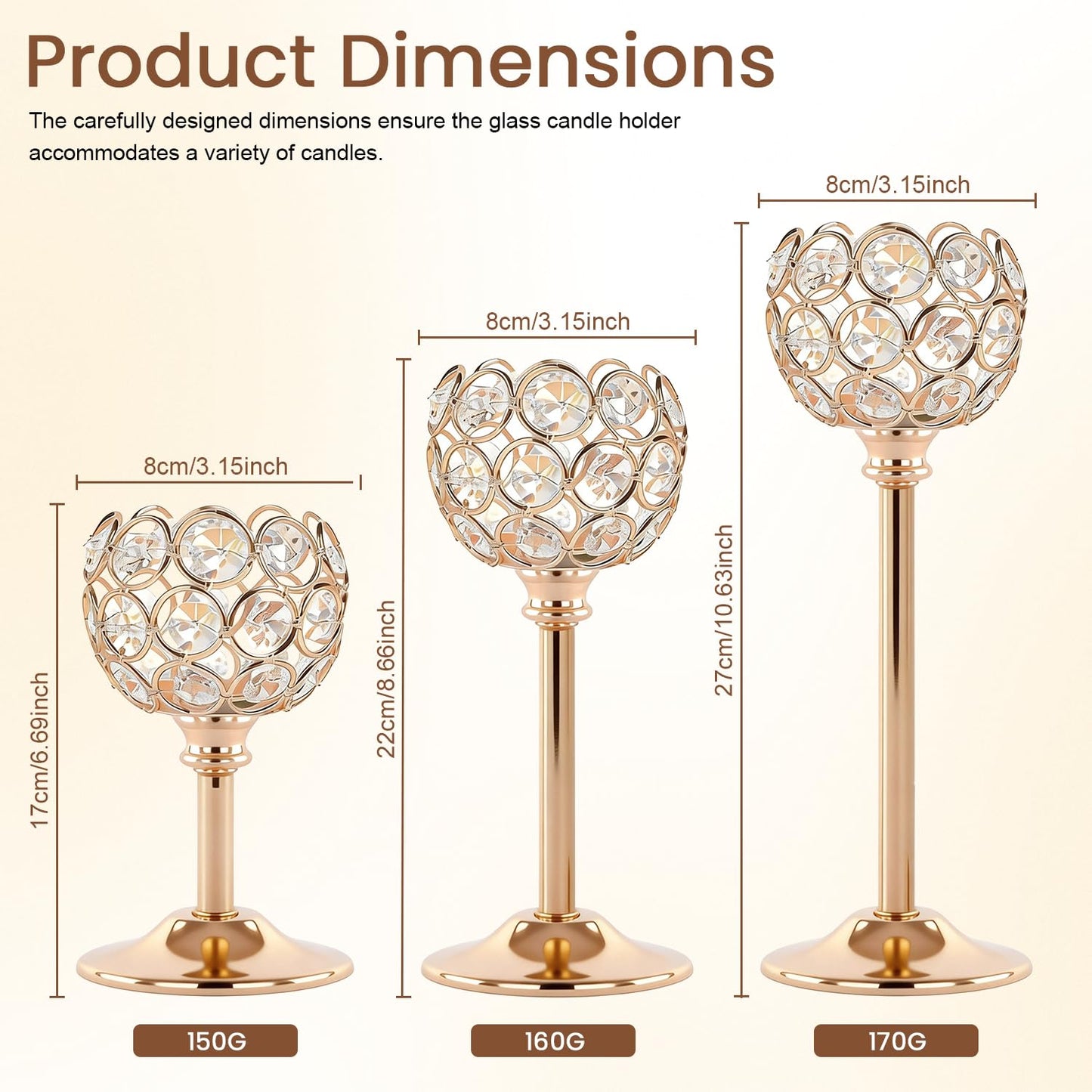 Oakernel Gold Crystal Candle Holders Candlestick Holders - 4 Sets Tall Bling Bowl Candelabra Centerpieces for Dining Table, Wedding, Party & Fireplace Mantel Decor,12Pcs