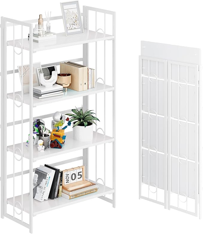 4NM No Assembly 4 Tiers Folding Bookshelf, 47.2" H Foldable Storage Shelves