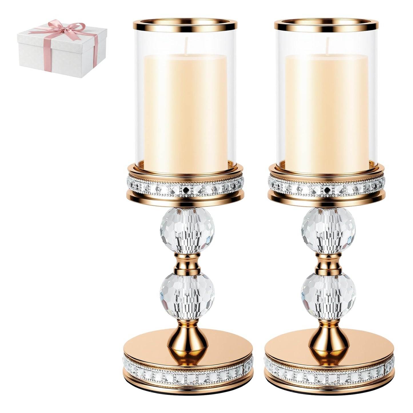 12.4" Tall Hurricane Candle Holder, Pillar Candle Holders with Glass Sleeve with Gift Box, Crystal Candle Stands for Home Warming, Weddiing, Dining Room Decor, Table Centerpiece (2, Gold, M)