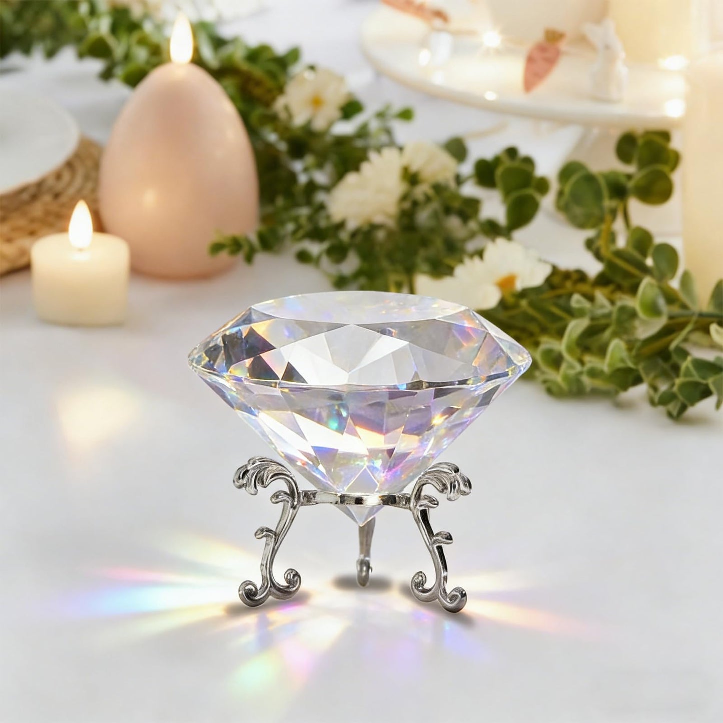 MysticGlitz Large Clear Crystal Diamond Paperweight with Silver Metal Stand, 3.15 Inch Faceted Glass Gemstone for Wedding Centerpiece Home Decor Table Decoration Fake Diamond Prism