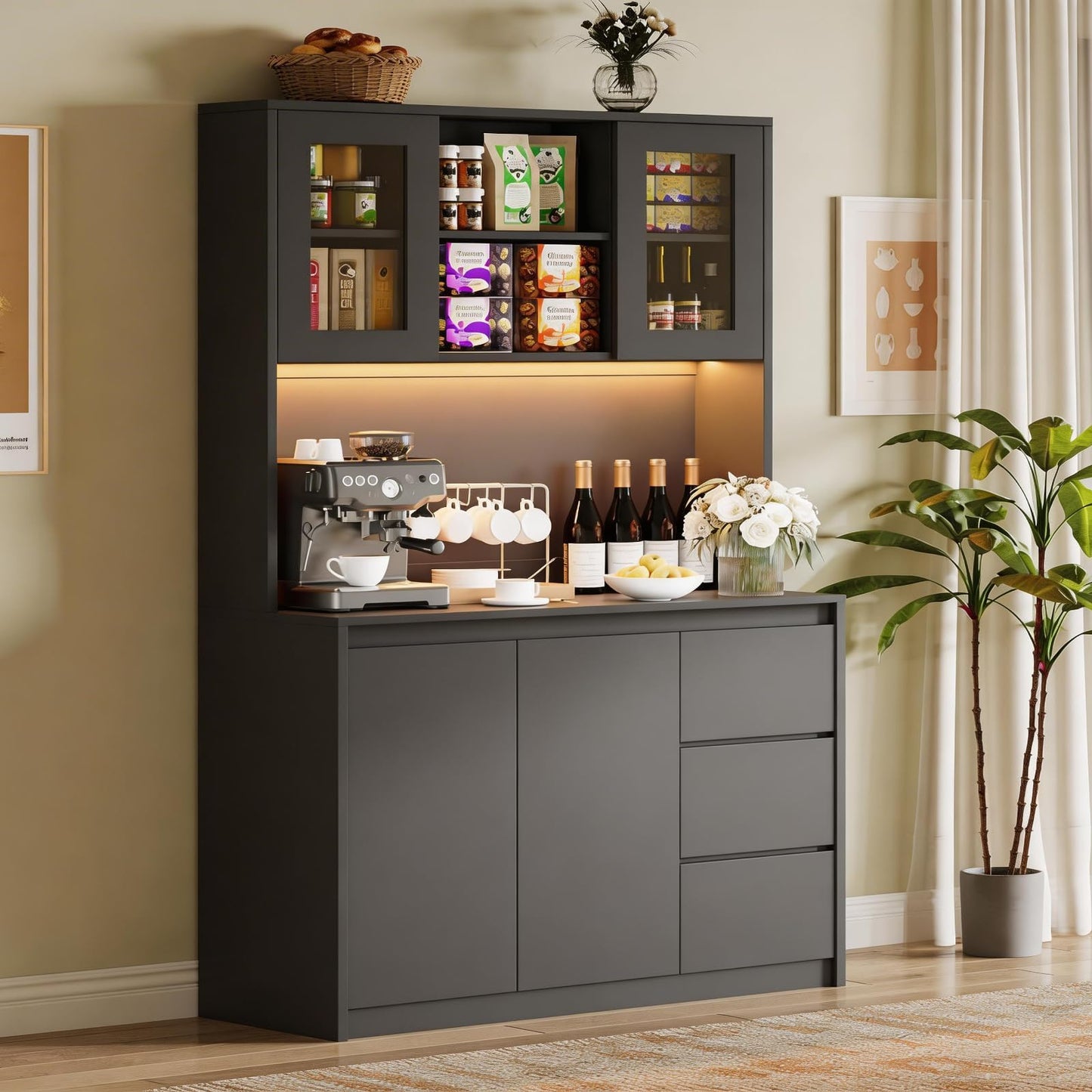 71" Kitchen Pantry Cabinet,Tall Storage Cabinet with Doors & Shelves Adjustable, Kitchen Storage Hutch with Microwave Shelf,Coffee Bar,Led Lights&Charging Station,Corner Pantry Cabinet for Living Room